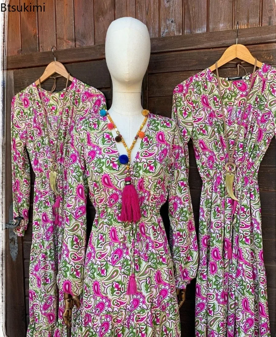 Vestido playero con estampado Floral para mujer, cuello en V elegante con túnica, manga 2024, estilo bohemio, ideal para vacaciones de verano, novedad de 3/4