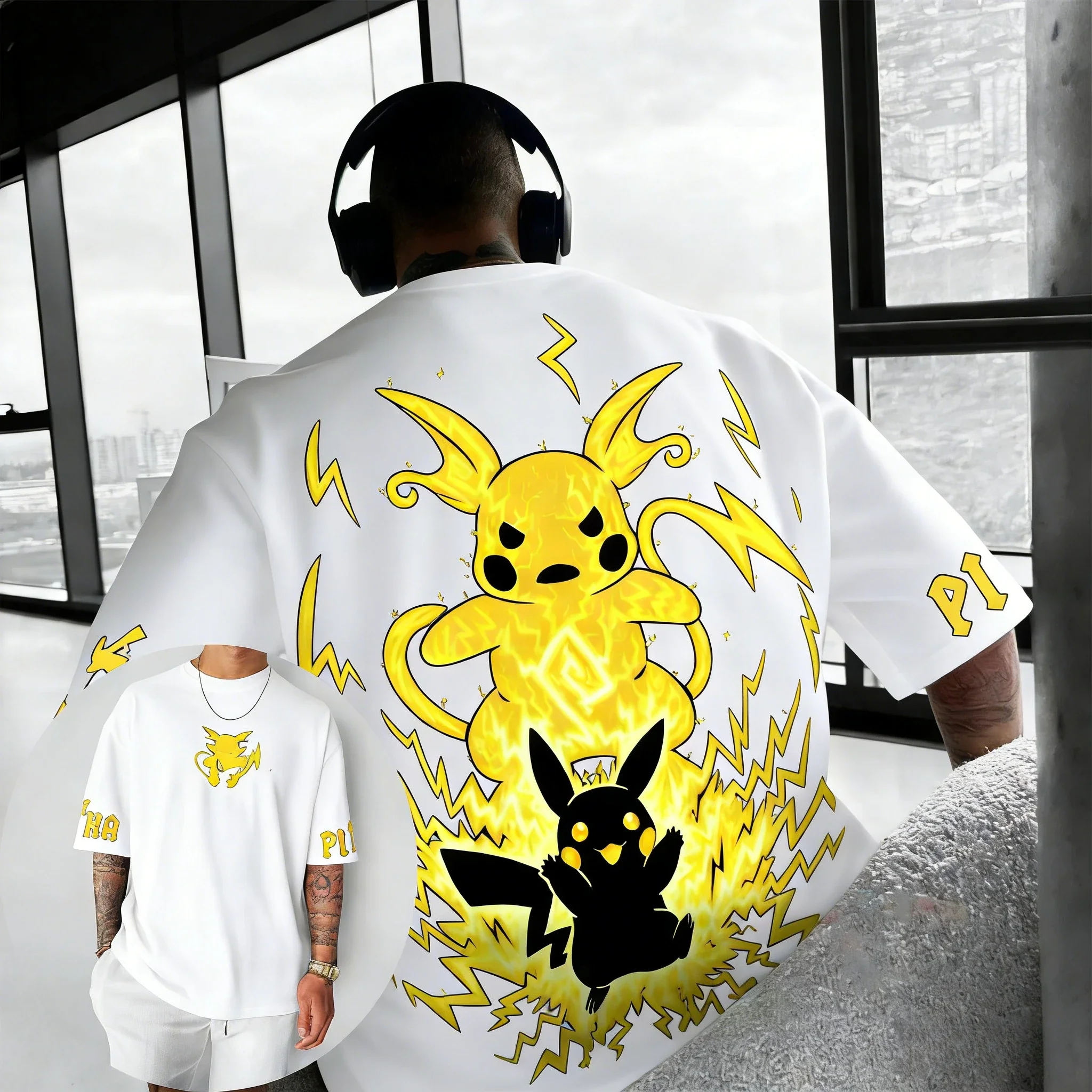

Pokémon Men's and Women's Cotton T-shirt NewSummer New Anime Pikachu Printed Hip Hop Trendy Casual Loose Y2K Parent Child Top
