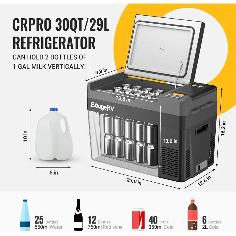 BougeRV 12 Volt Refrigerator, CRPRO 30 Quart 12V Car Fridge, Portable Freezer (-8℉~50℉),Compressor Cooler with 12V/24 DC,110-240