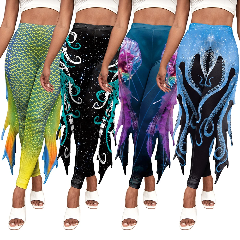 Rybia łuska syrena nadruk ośmiornicy kobiet spodnie legginsy damski trening ubrania Cosplay Fitness ze skrzydłami płetw