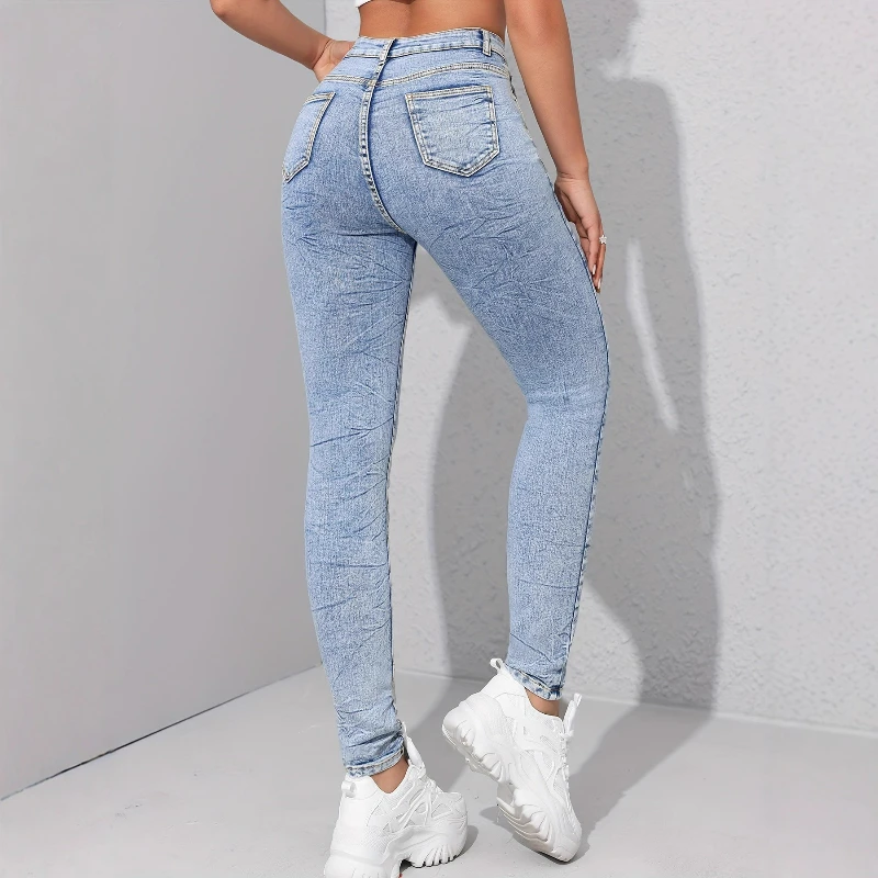 

Брюки-карандаш, женские узкие джинсовые брюки, повседневные облегающие однотонные длинные брюки, элегантные потертые карманы на основе, легкая эластичная осень 2025 г.
