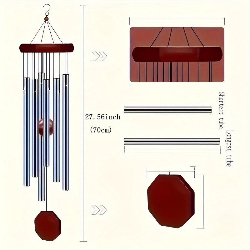 جرس رياح من الخشب الصلب للحديقة الخارجية ، مشغولات يدوية معلقة ، 6 أنابيب معدنية ، ديكور الشرفة ، 1 * *