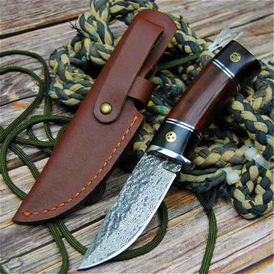 

Damascus steel round wooden handle outdoor hunting knife high hardness forging straight blade li gifts knives wholesale