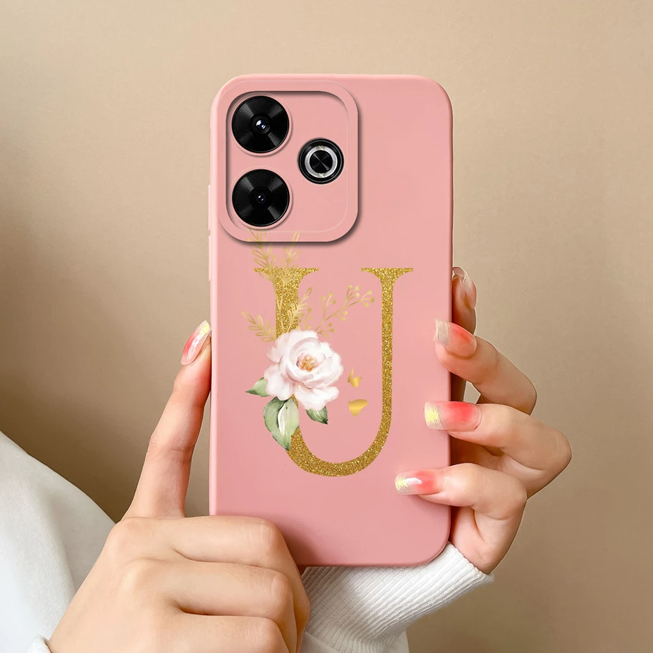 Case For Xiaomi Redmi 13 4G Art Flower 26 Letter Liquid Silicone TPU Back Cover For Redmi13 4G Advanced Sense Couple Funda Shell