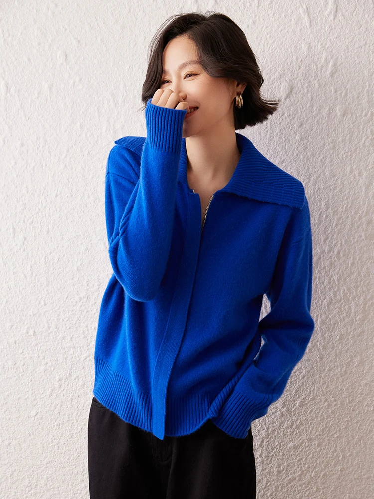 New Autumn Winter High Quality Cardigan Women Zipper Turn-Down Collar Thick Cashmere Sweater 100% Cashmere Fashion Knitting Tops