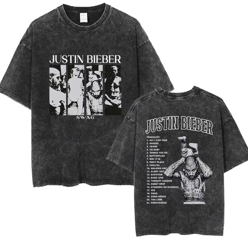 Rapper Justin Bieber SWAG Album 2025 Vintage Washed Graphic T-Shirt Woman's Hip Hop Loose Fashion Short Sleeve Streetwear