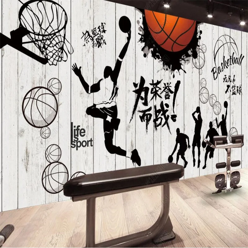 Wooden Board Fitness Sports Basketball Court Custom Mural Sports 3D Wall Paper Gym Industrial Decor Self-adhesive Wallpapers