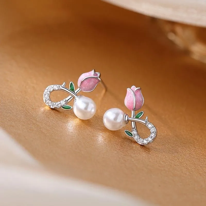 New Pure 925 Sterling Silver Tulip Flowers Pearl Rhinestone Stud Earrings For Women Girl Princess Fine Jewelry LE023