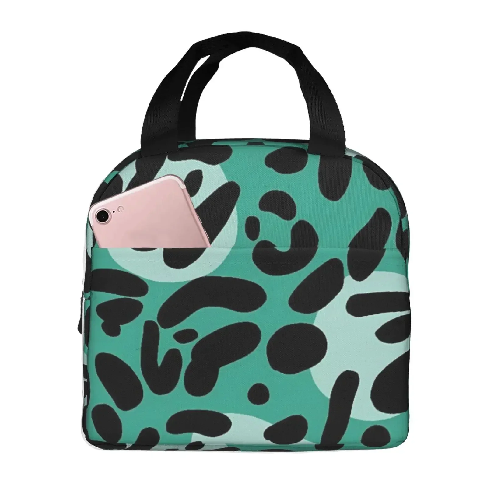 Black And Green Leopard Print Pattern Lunch Tote Bag Insulated Leakproof Lunch Box Container With Front Pocket For Girls Boys