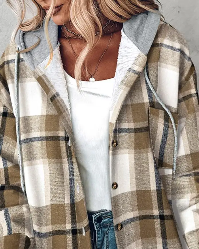 

Plaid Pattern Long Sleeve Fleece Lined Hooded Jacket Button down Shacket Warm Coat for Autumn Winter