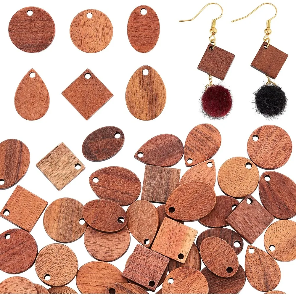 

48 шт. 6 видов деревянных подвесок, плоские круглые подвески из орехового дерева, овальные деревянные подвески в форме капли, ромба с отверстием для ожерелья