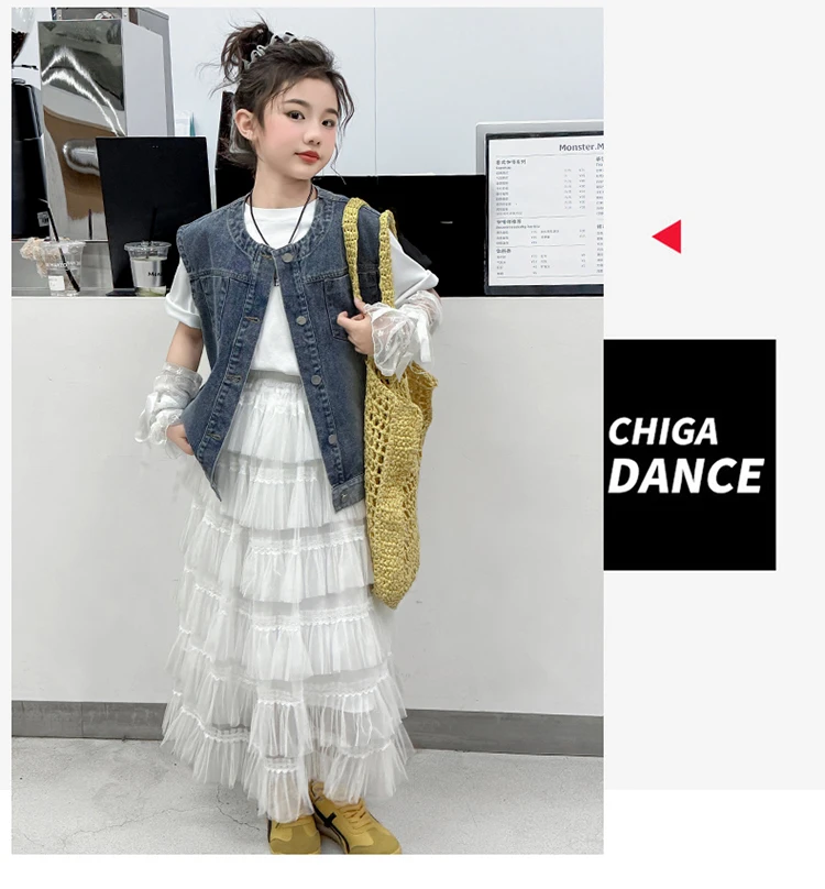 Elegante Kinder-Freizeit-Jeansweste mit Rundhalsausschnitt für Teenager-Mädchen im Alter von 5 6 7 8 9 10 11 12 13 14 Jahren, ärmellose Jacke, Weste. – Detail 5