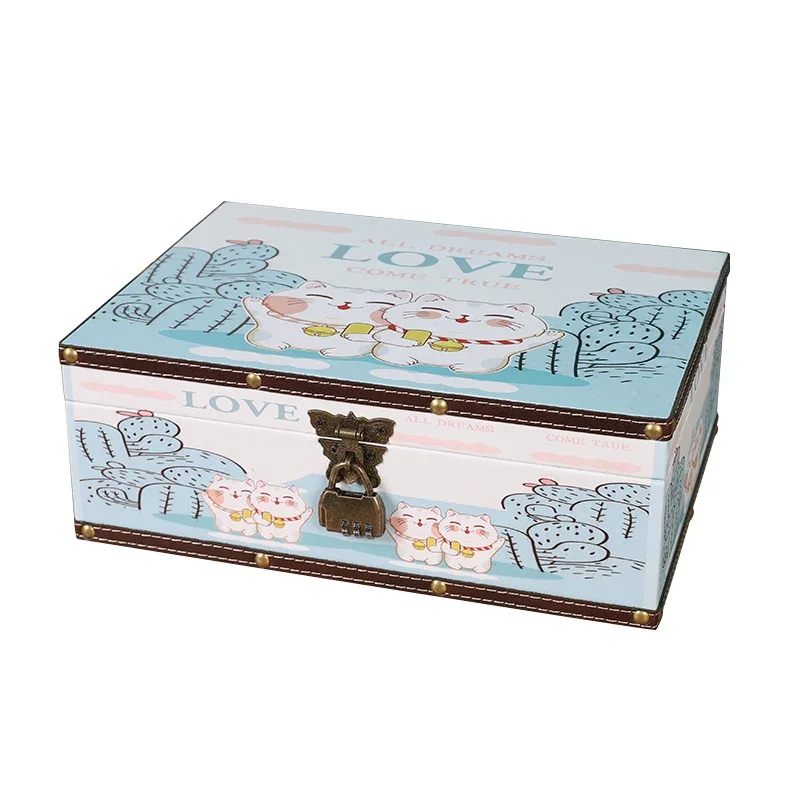 Household storage box with lock desktop skin care cosmetics storage code  small wooden box