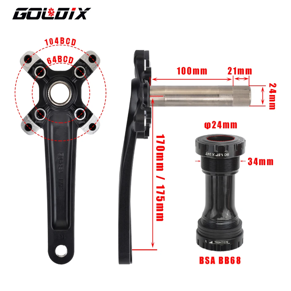 GOLDIX XT Bicikli crankset 104BCD chainring Széleskörű Összehúzza magát 32-42T 170/175mm Eltorzult crankbait Összeegyeztethető vel SHIMANO/SRAM 11-12speed