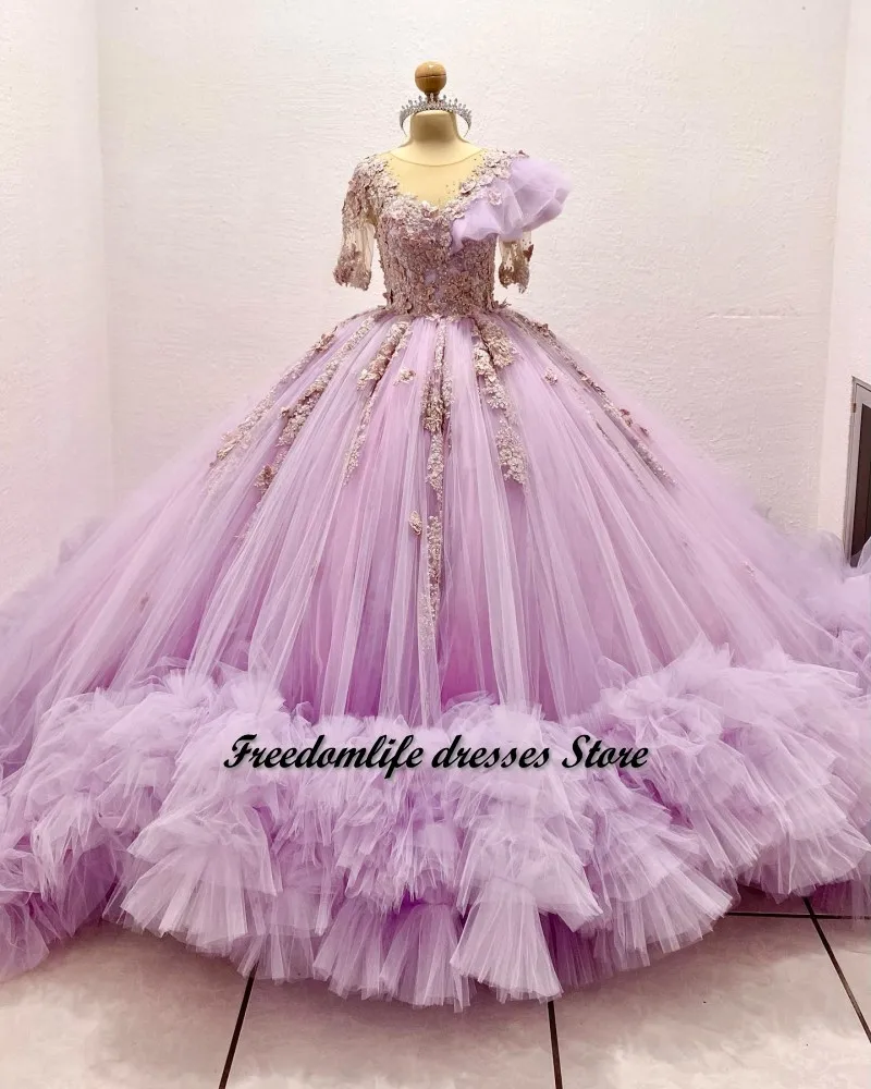 

Cara&Alan Volume Quinceanera Dresses Lace Applique Beading Vestido De 15 Años 2022 Half Sleeves Sweet 16 Prom Gowns