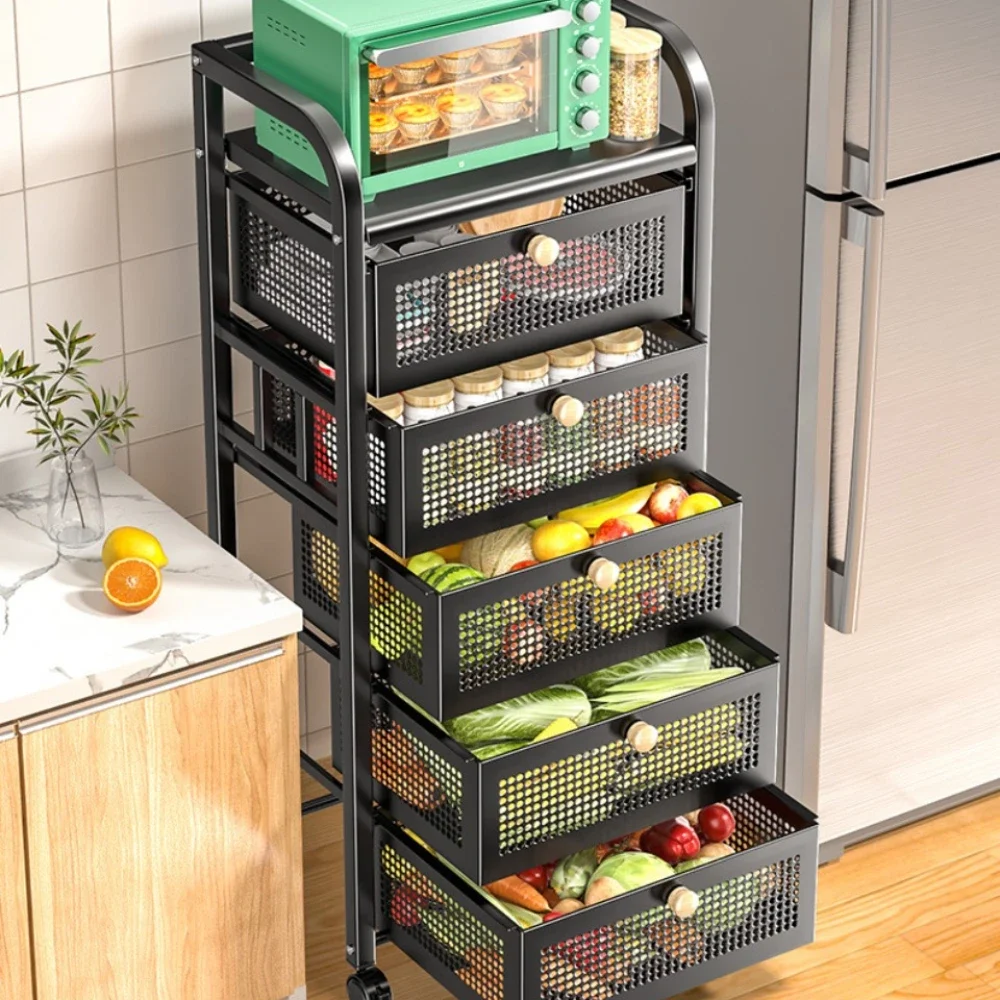 Floor-To-Ceiling Multi-Layer Fruit And Vegetable Kitchen Storage Rack Pull-Out Home Storage Fruit Basket Kitchen Trolley