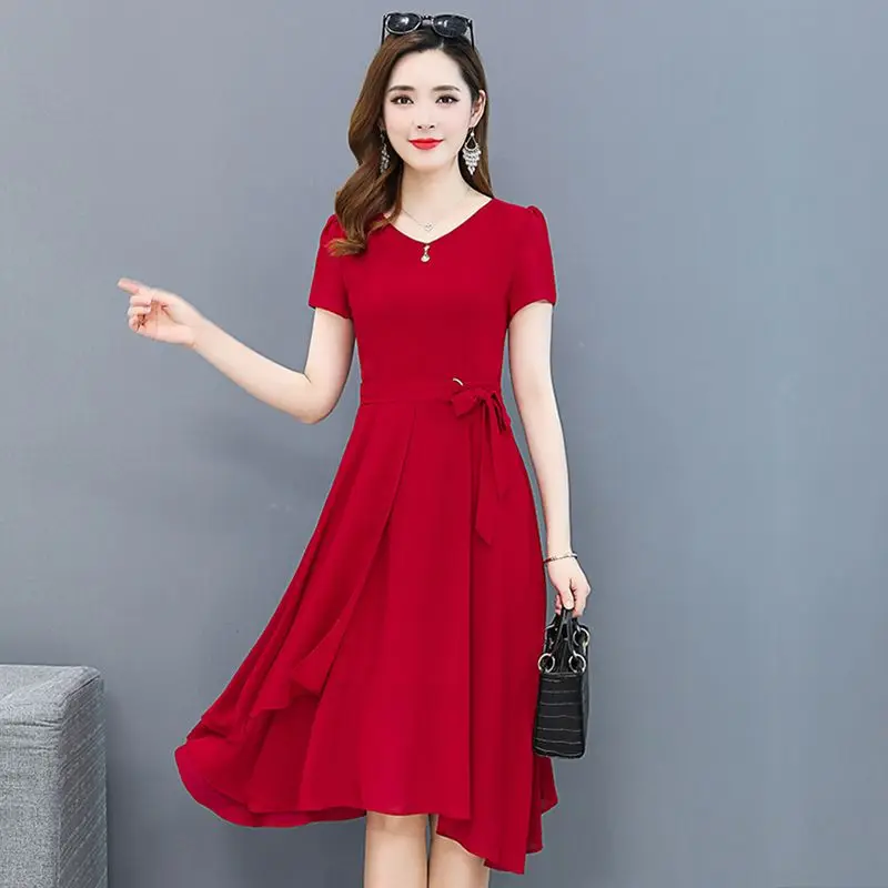 Red Dresses Women Chiffon Mid-length Dress Summer Short Sleeve Korean Chic Lace-up A-line Robe Green Blue New