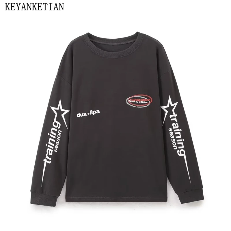 KEYANKETIAN 2024 Autumn/Winter New Women's Letter Print Sweatshirts Screw Thread O-Neck Pullover Preppy Style Loose Hoodies Top