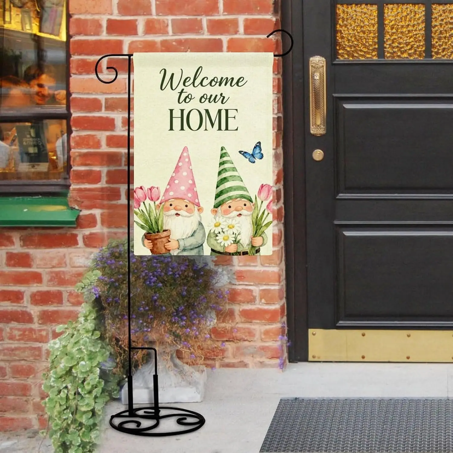 Garden Flag “Welcome To Our Home Gnome Sunflowers, Tulips” Double Sided 12x18 In Burlap Seasonal Yard Decoration for Outside IIC