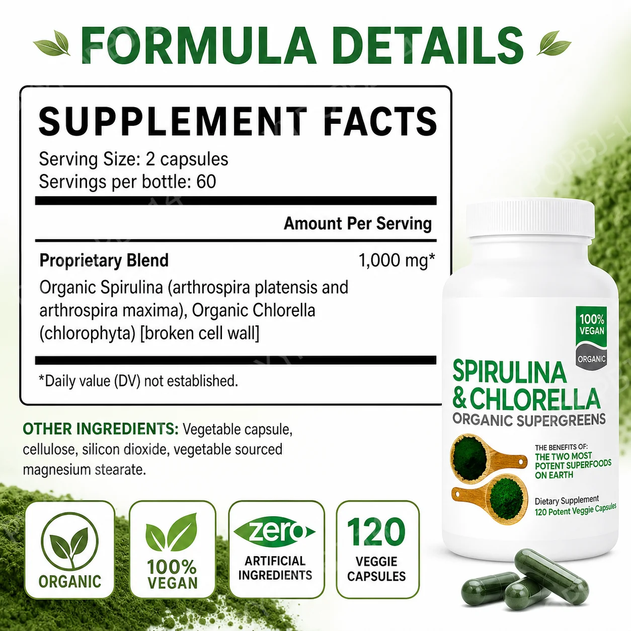 Organic Spirulina Chlorella Supergreens Capsules 120 Veggie Capsules Plant Based Green Algae Vegan Daily Nutrition Support