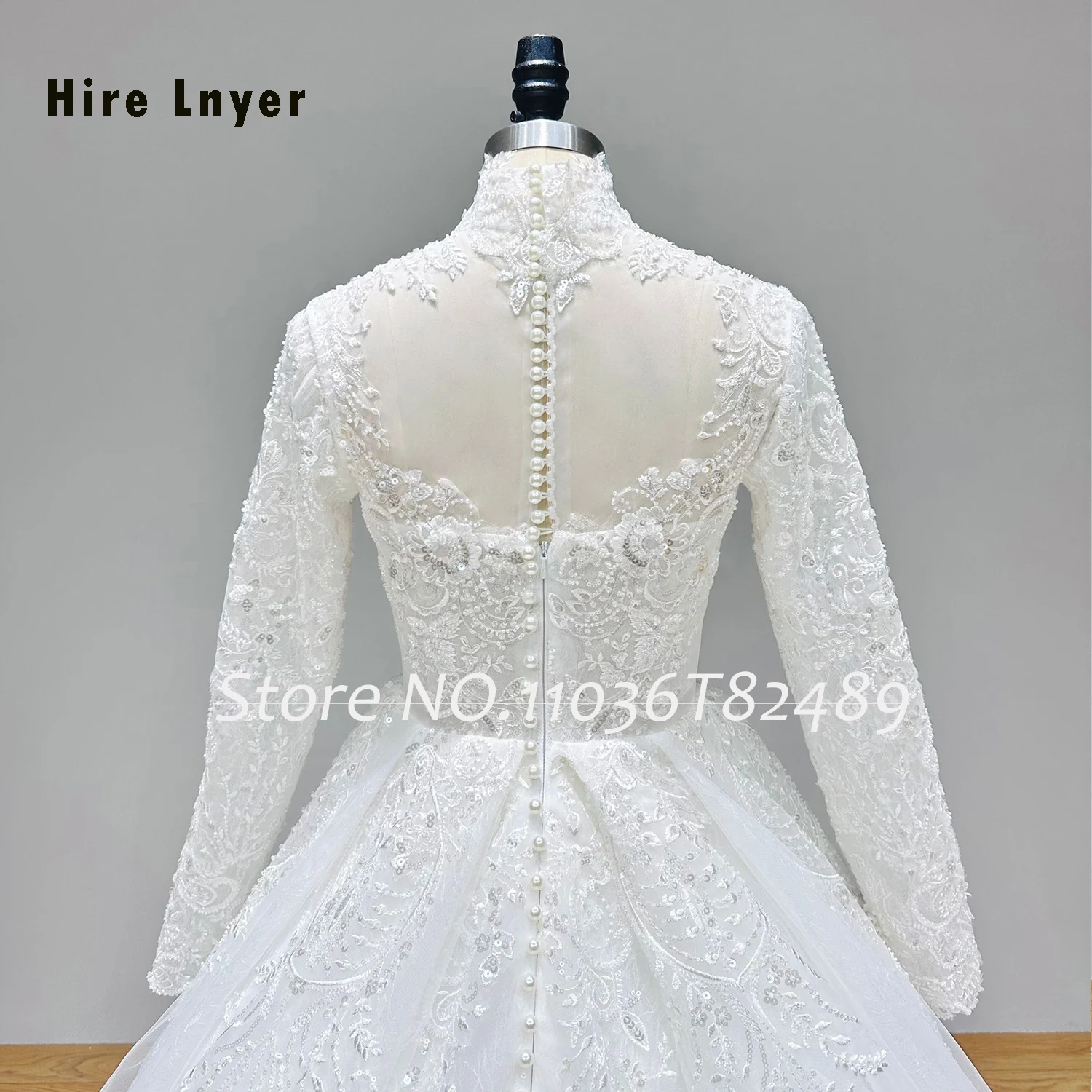 Hire Lnyer High Neck Long Sleeve Shiny Beads Pearls Sequins Princess A-Line Wedding Dresses Real Office Photos Video