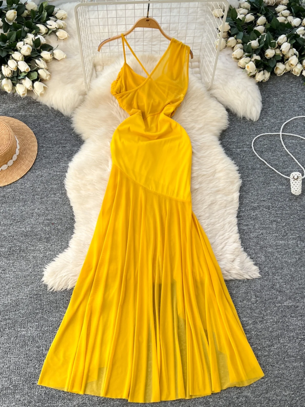 Yellow Slim Fit Holiday Sle Dr Asymmetrical Hemline Strapl Gown Korean Sle Spring Collection Mid-Length A-Line Skirt