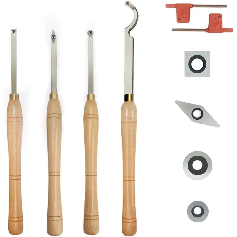 

Tipped Wood Turning tools Lathe set （Finisher/Rougher/Detailer/Hollower Swan Neck Hollower with Solid Wood Handle）