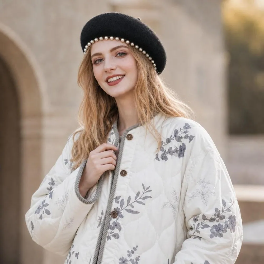 Fashion Y2K Women Coat Floral Korean Winter Coat Loose Round Collar Padded CottonJacket Streetwear