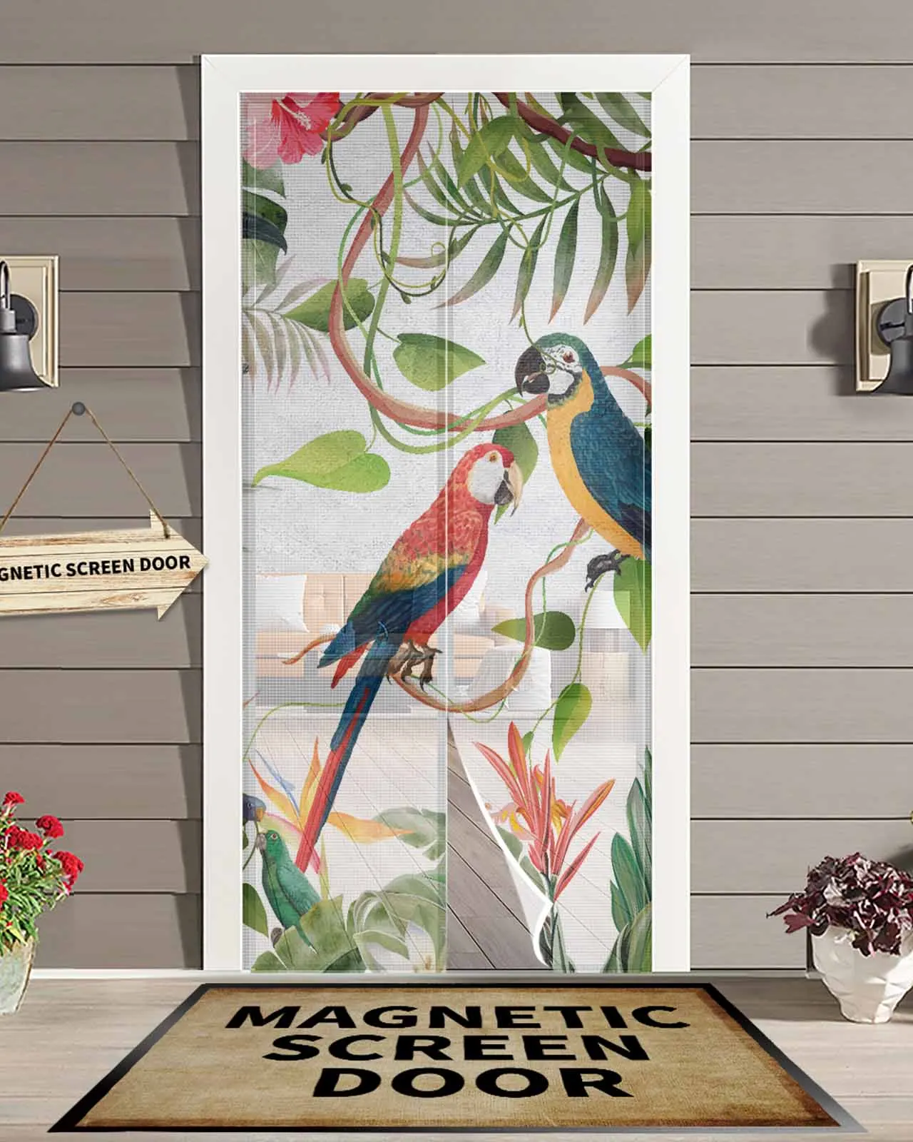 Tropical Leaves Parrot Flowers Summer Magnetic Door Curtain Living Room Bedroom Home Anti-mosquito Screen Door Curtain