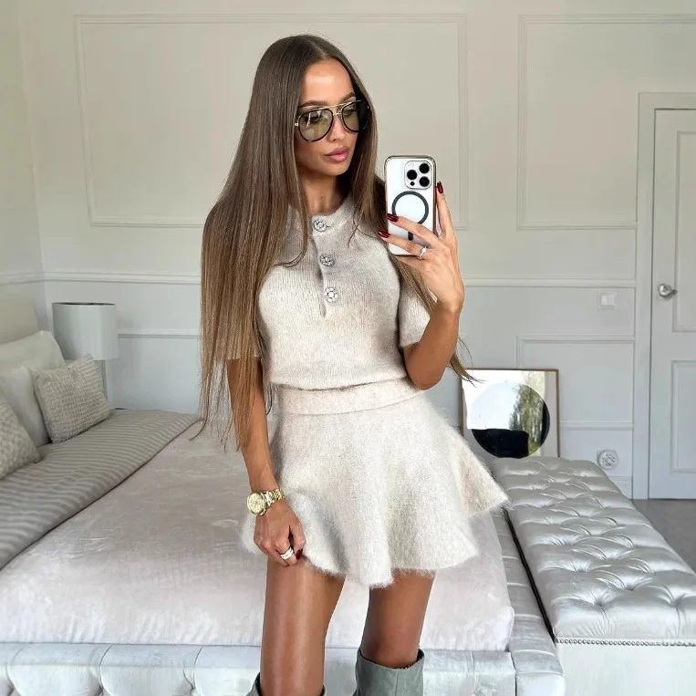 Women Two Piece Sets Skirt Set Round Neck Short Sleeve Knitted Tops Shorts Skirts A Line High Waist Y2k Streetwear Elegant