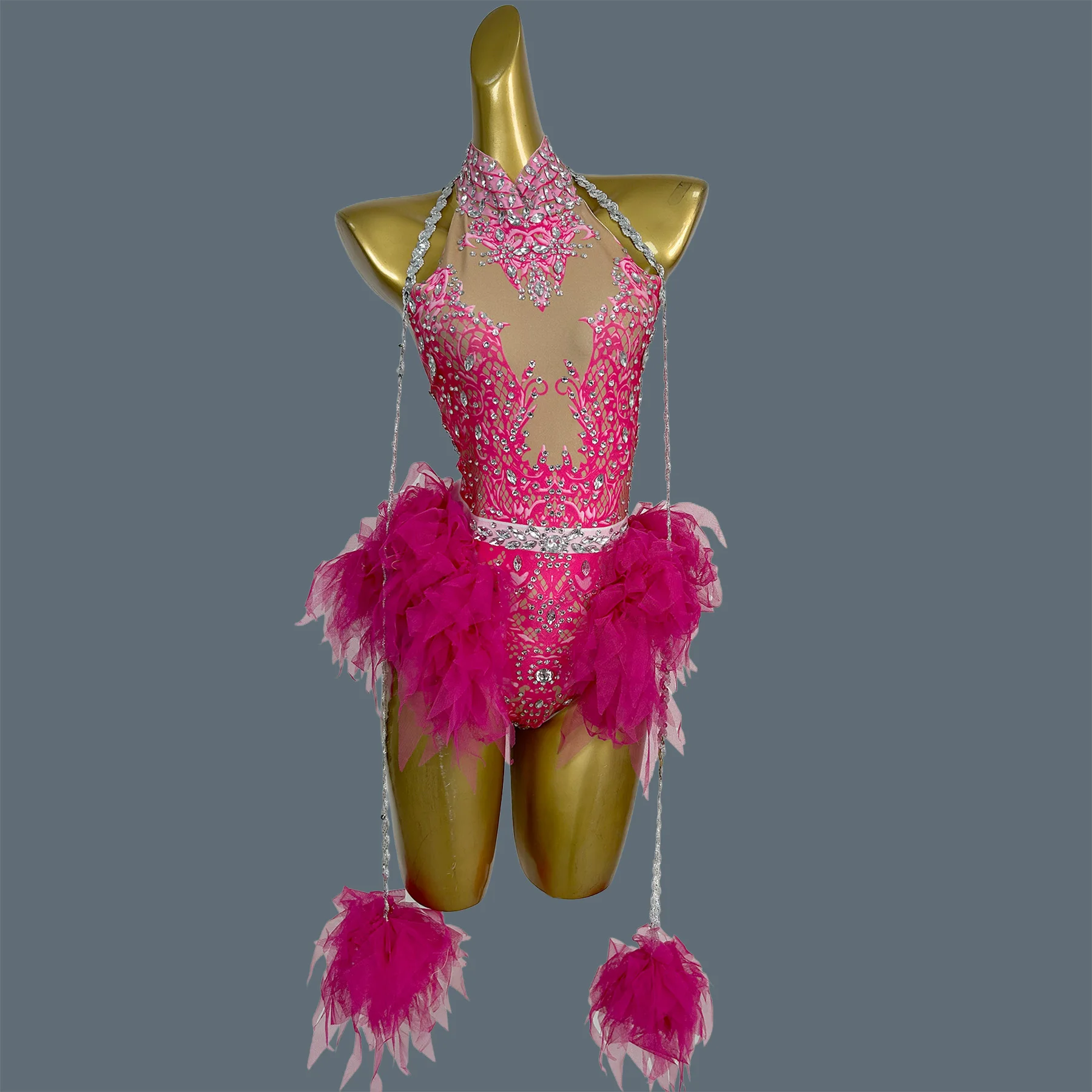 Orange Floral Rhinestone Halter Mesh Bodysuit Women Party Crystal Chain Latin Dance Club Stage Show Costume Sexy Wear Pingguo