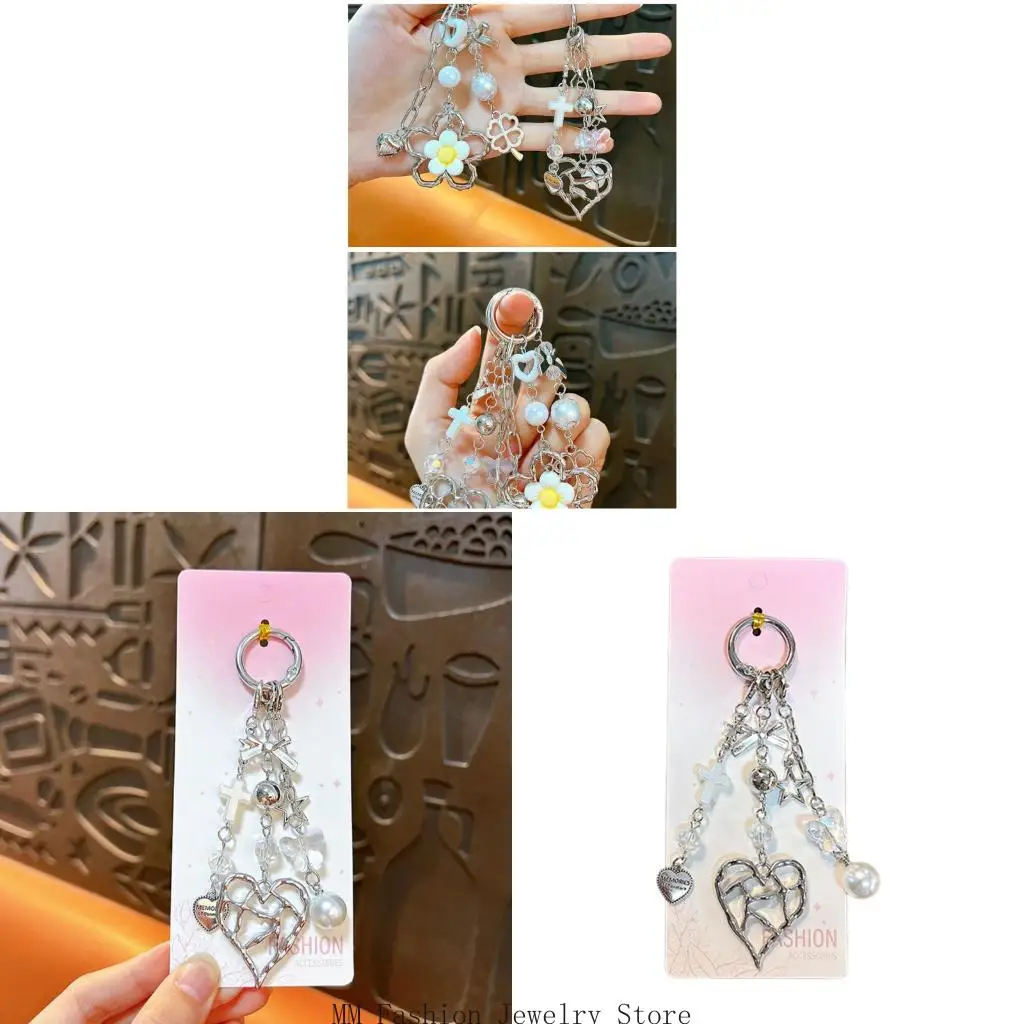 Alloy Acrylic Bowknot Heart Keychain Pearls Bead Charm Scratch Resistant For Everyday Use D0UB