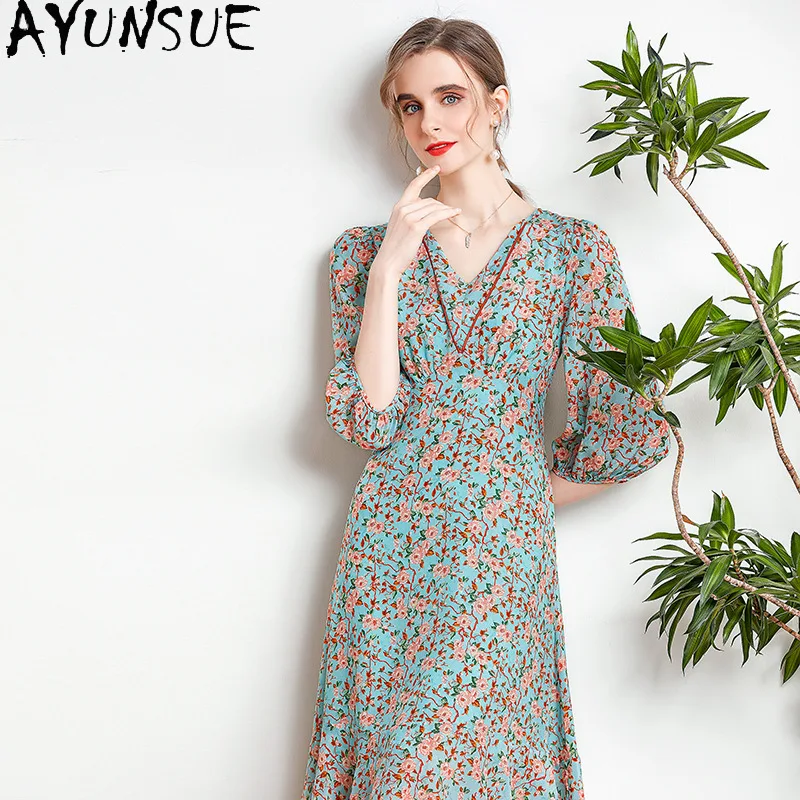 AYUNSUE-vestido de seda de morera para mujer, ropa con estampado elegante, moda de verano, francés, 100%