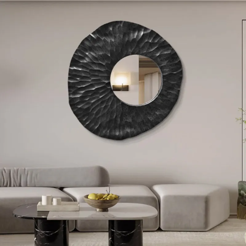 Abstract circular living room decoration painting with mirror, wood panel relief texture mural, modern high-end wall decoration