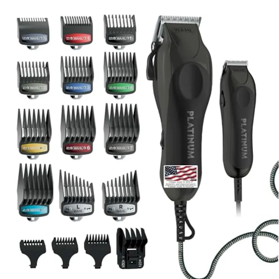 

USA Pro Series Platinum Corded Clipper and Corded Trimmer for Home Haircutting with Color Coded Guide Combs Model 79804-100