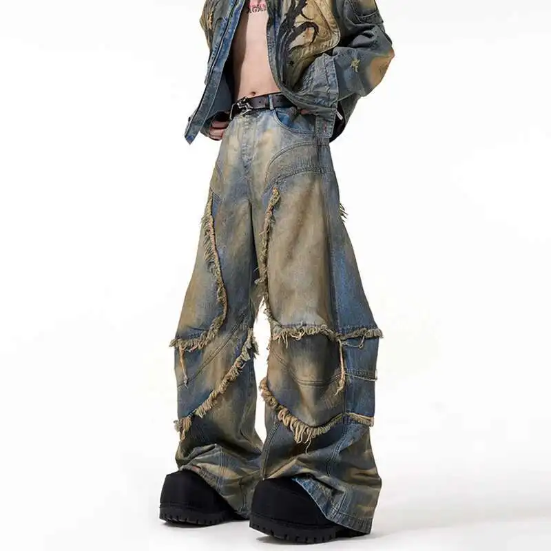 LUZHEN Wornout Vintage Burr Patchwork Design Loose Jeans Men's Fashion 2025 New Original High Street Wide Leg Denim Pants LZ9473