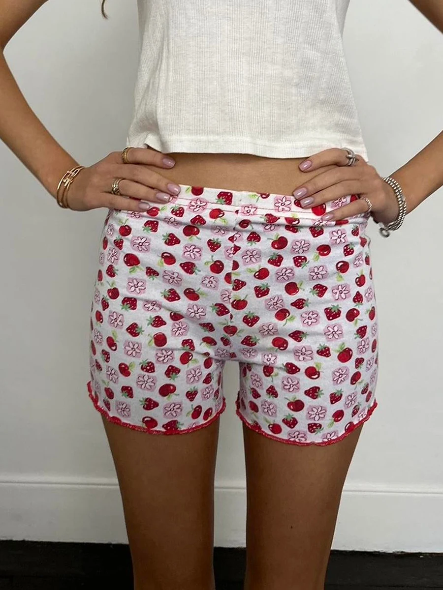 Women Summer Shorts Casual Strawberry Cherry Floral Print Elastic Waist Short Pants For Beach Club Streetwear S-XL