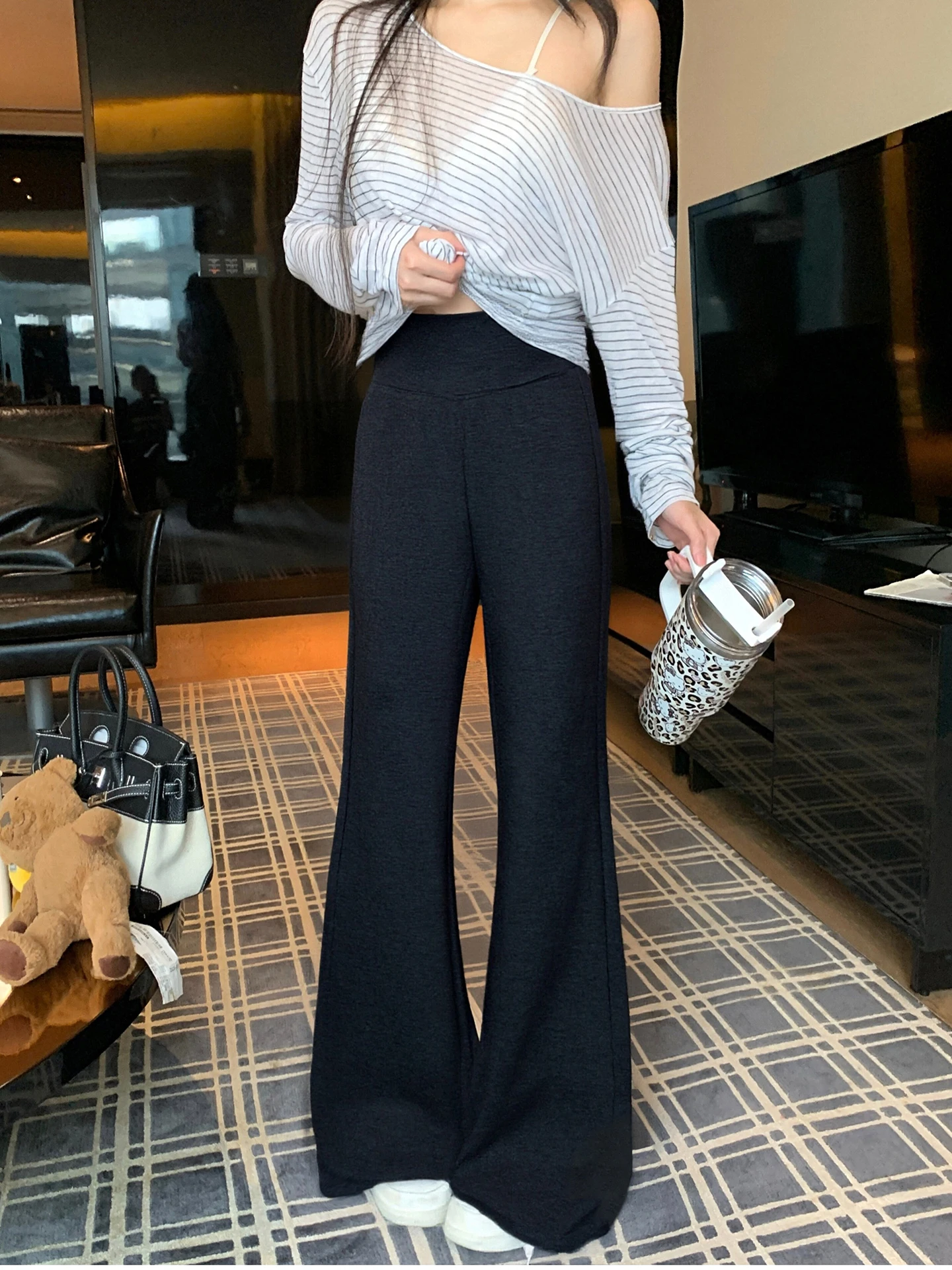 Black High Waist Bell Bottom Casual Pants Women's Autumn Slimming Not Legging Flared Pants Drapey Floor-Length Pants