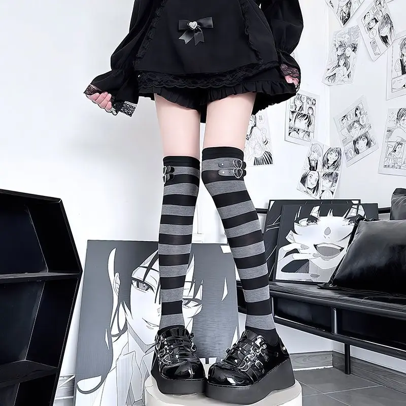 

Subculture Y2k Striped Knee High Socks Japanese Cosplay Punk Hot Girl Slimming Jk Socks Korean Fashion Women