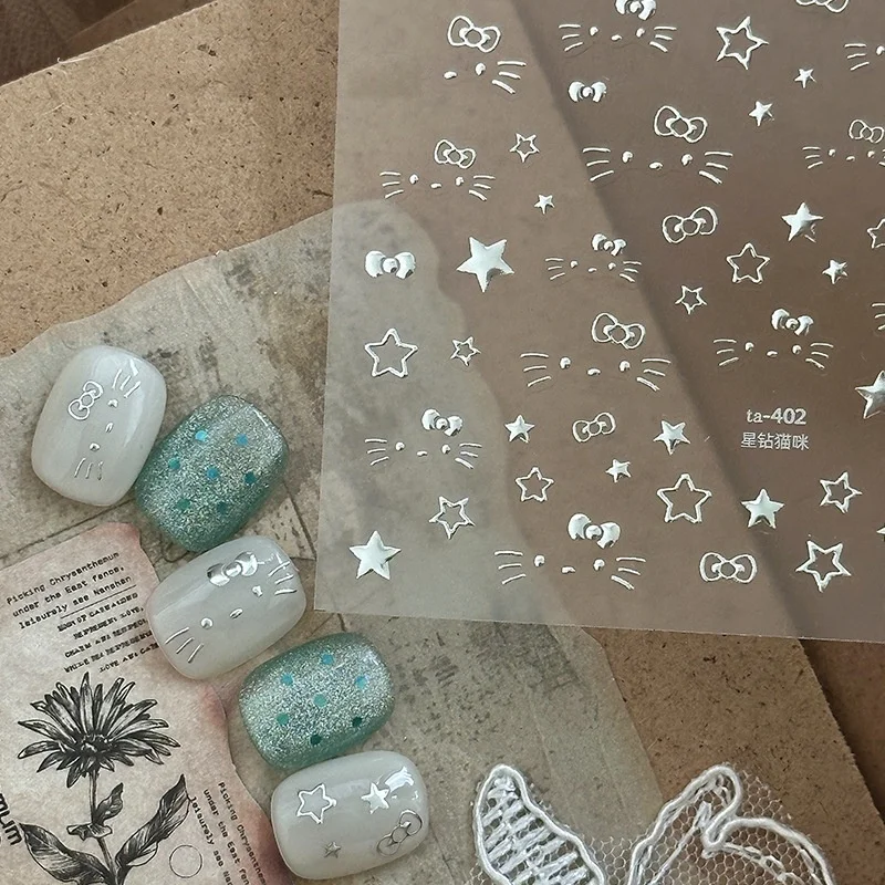 Złote naklejki na paznokcie, urocze naklejki na paznokcie, naklejki z gwiazdkami, diamentami i kotami, akcesoria do samodzielnego zdobienia paznokci, urocze elementy dekoracyjne, naklejki do zdobienia paznokci.