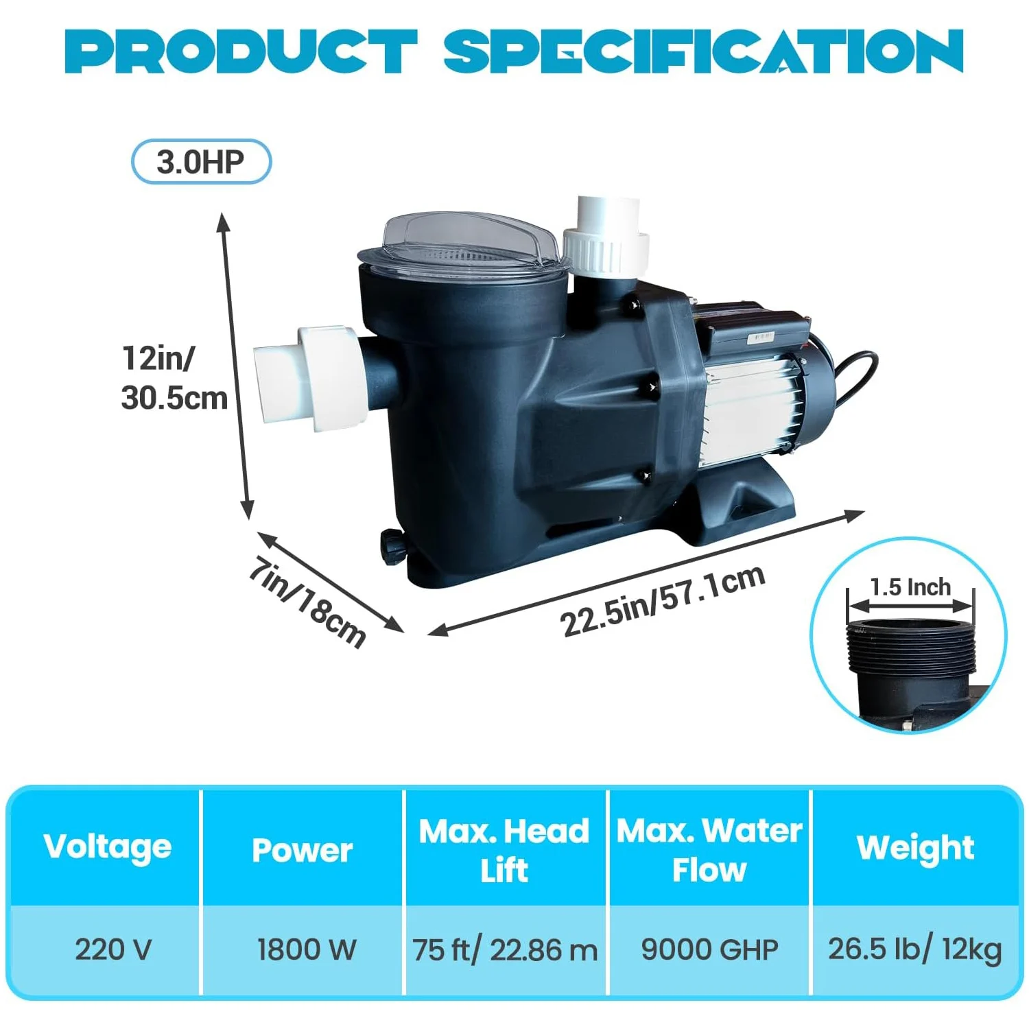 1.5HP 3.0HP Zwembad Pomp 220V Single Speed Pompen Bovengrondse Zelfaanzuigende Zwembad Pomp 1800W Krachtige koperen Motor