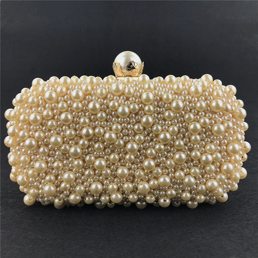 Luxury Crystals Beaded Pearl Evening Clutch Bags Wedding Party Handbag Fashion  Women White Beige Long Chain Shoulder Handbags