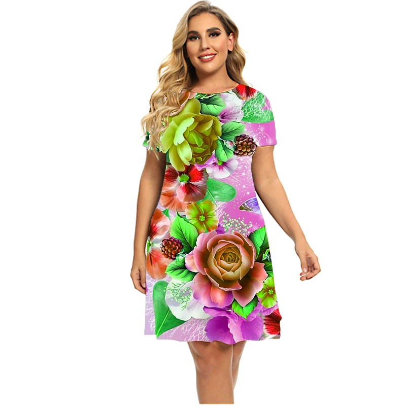 Roślina kwiaty Morning Glory 3D Print kobiety sukienka elegancka Casual krótki Sleee sukienka trapezowa 2023 lato odzież Plus Size Sundress