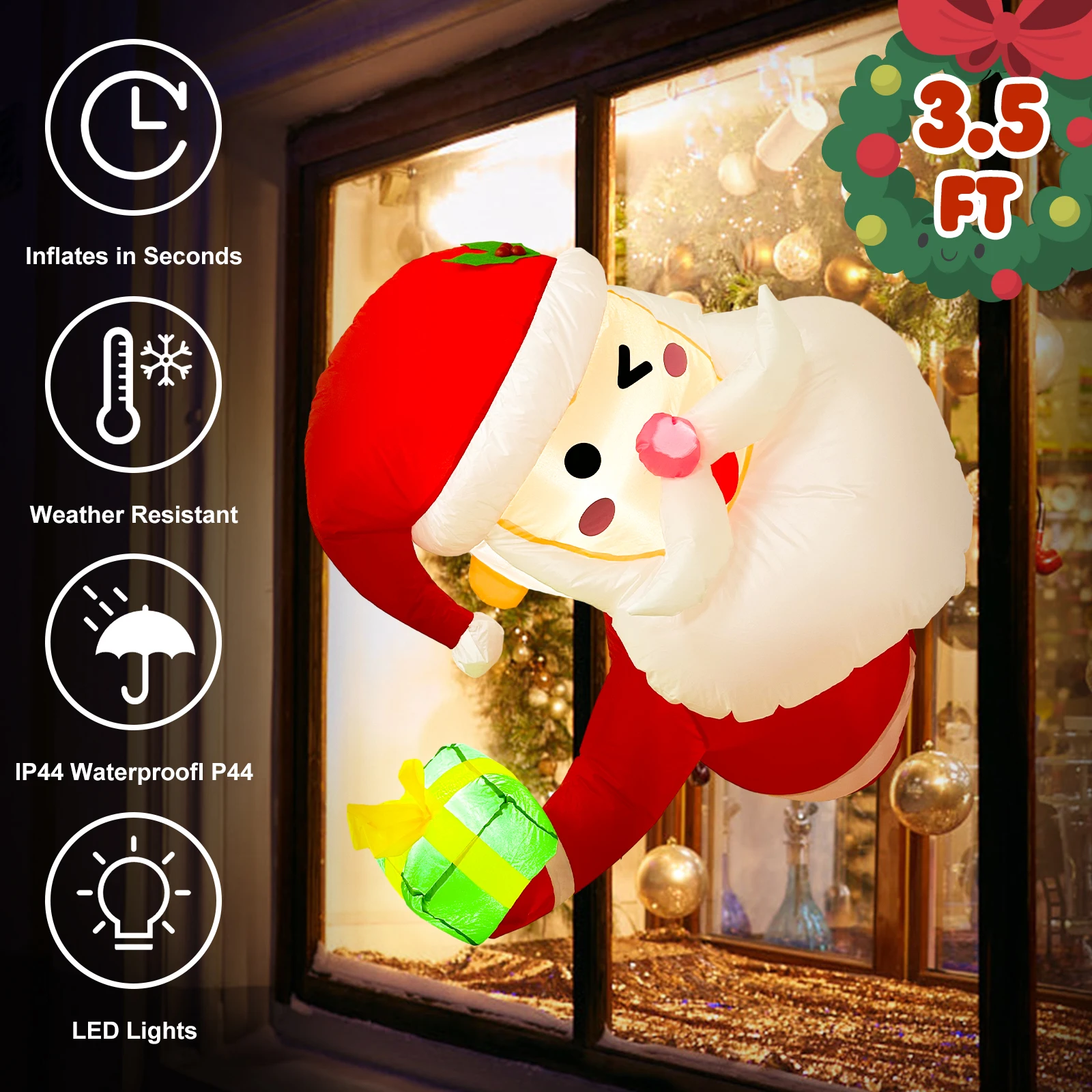 OurWarm 3.5Ft Santa Claus Inflatables Christmas Outdoor Christmas Decorations Lean Out from Window with LED Lights