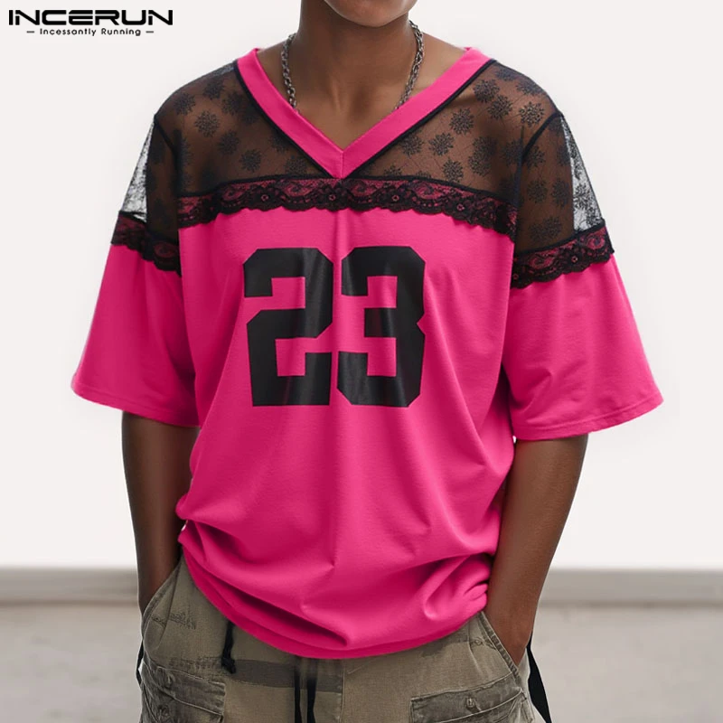 INCERUN الرجال تي شيرت الدانتيل المرقعة الطباعة الخامس الرقبة قصيرة الأكمام فضفاضة الذكور المحملة القمم الصيف الشارع الشهير 2025 موضة الرجال الملابس