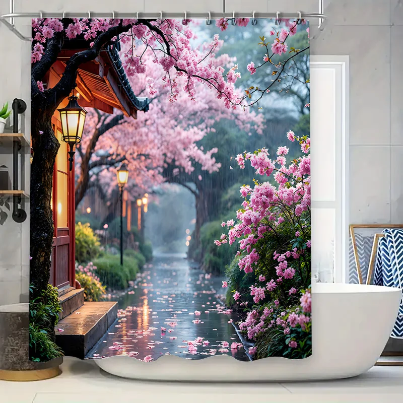 

Занавеска для душа с вишневым цветом, японский садовый стиль, дождливый день, розовые цветы, расслабляющий, простой в установке и уходе, не прозрачный