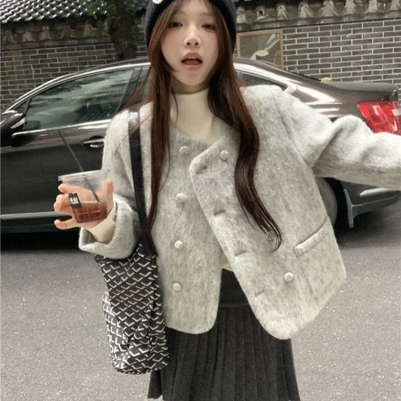 2026 Spring Female Small Fragrant Style Solid Color Cotton Jacket Insulation Women Design Sense Double Breasted Loose Casual Top