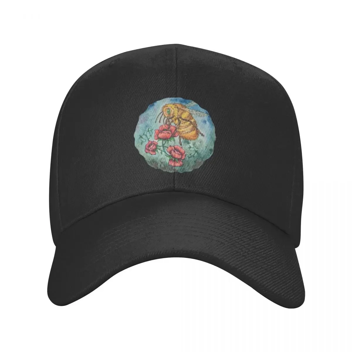 Watercolour bee collecting pollen from red flowers Baseball Cap Hood Luxury Brand sun hat Caps Women Men's