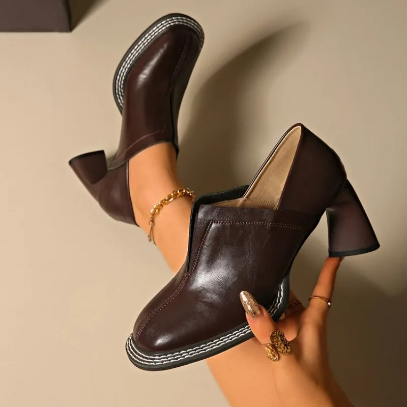 

Round Toe Deep Mouth High Heels Autumn New Slip-on Anti-Slip Wear-Resistant Low-Top Single Shoes