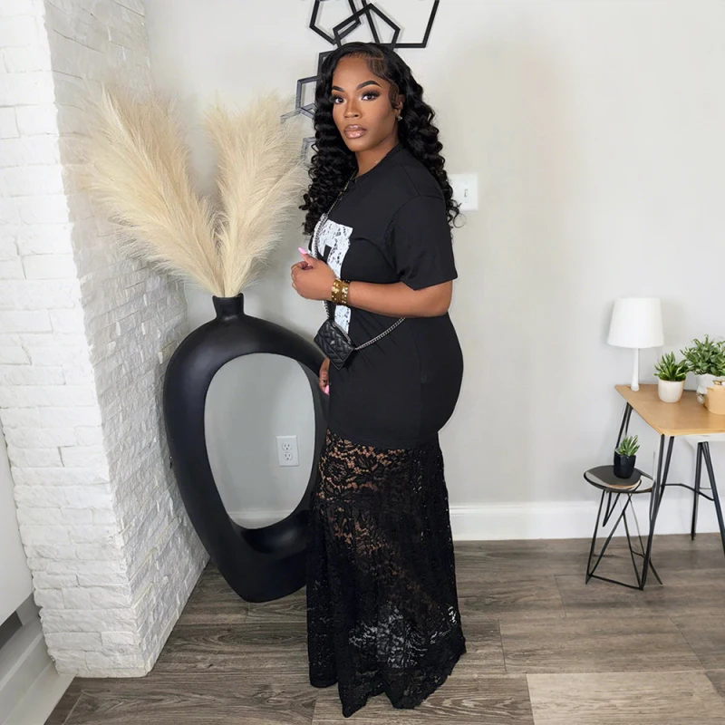 Sexy Kant Patchwork Zien Door Bodycon T-shirt Lange Vrouwen Jurk Brief Afdrukken Korte Mouw Jurken Vrouwelijke Vestidos